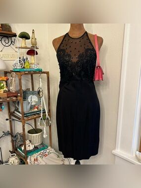 Vintage 90s Classy Black Mesh Sequin Halter Neck Mini Dress by Scott McClintock